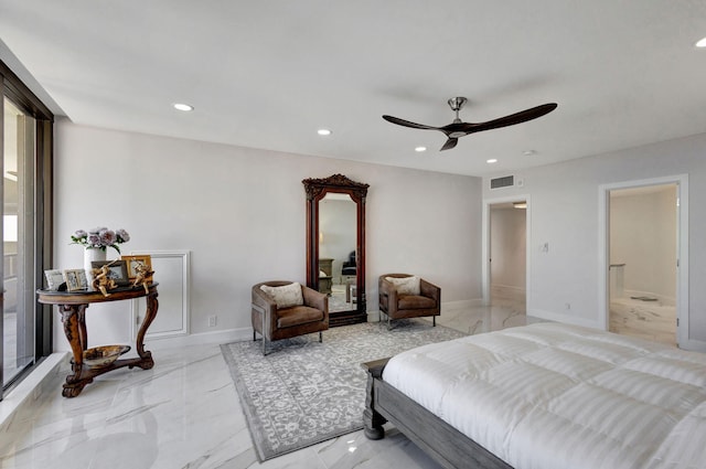 bedroom featuring connected bathroom and ceiling fan