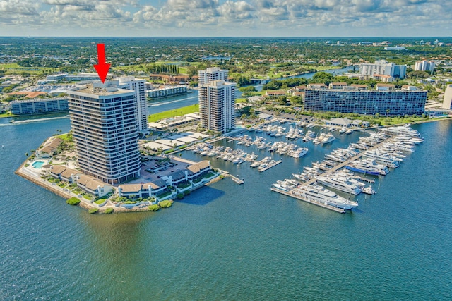 birds eye view of property featuring a water view