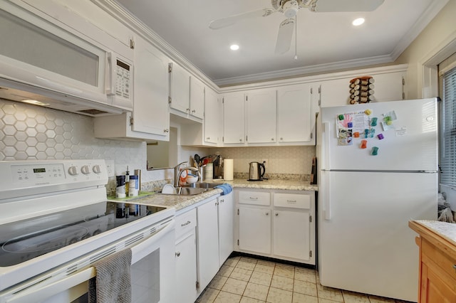 kitchen with ceiling fan, backsplash, white appliances, crown molding, and white cabinets