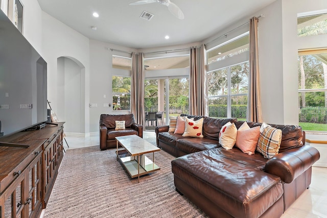 living room with ceiling fan