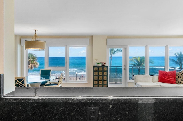 living room featuring a wealth of natural light and a water view