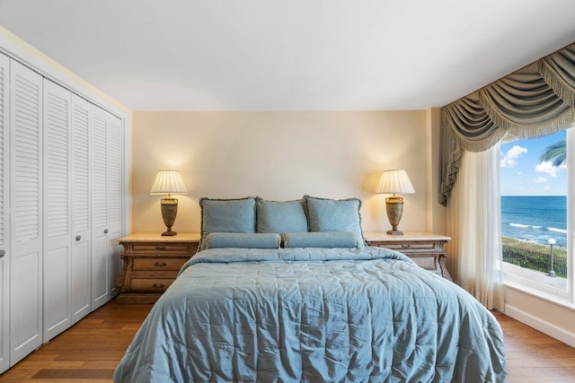 bedroom with a closet, a water view, and hardwood / wood-style floors