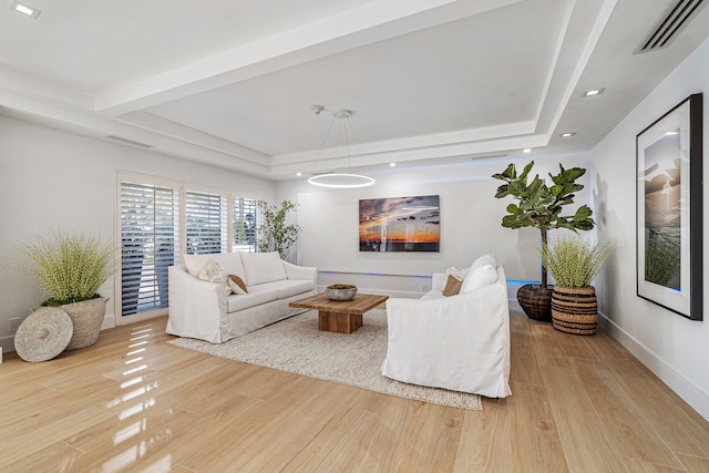 living room featuring a raised ceiling and light hardwood / wood-style flooring