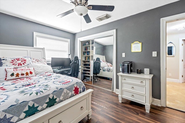 bedroom featuring ceiling fan, a closet, and dark hardwood / wood-style floors