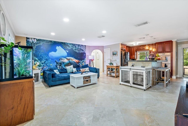 living room featuring ornamental molding