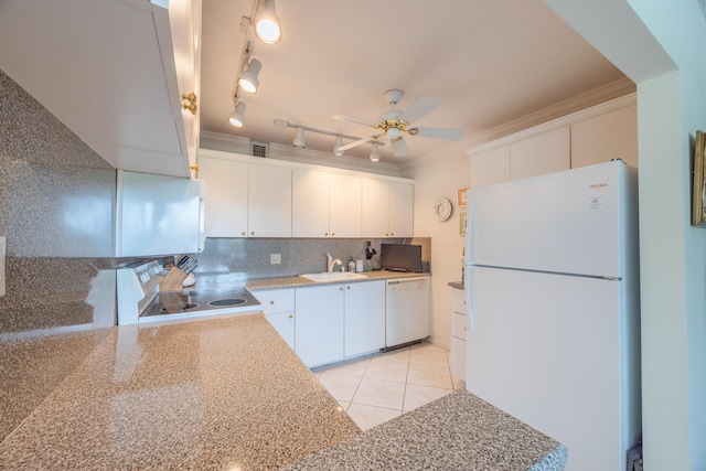 kitchen featuring tasteful backsplash, white appliances, ceiling fan, crown molding, and white cabinetry