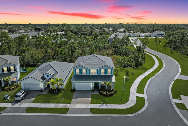 view of aerial view at dusk