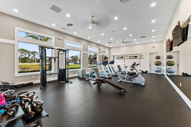 workout area featuring ceiling fan and a healthy amount of sunlight