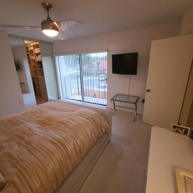 bedroom featuring a closet, a spacious closet, light carpet, access to exterior, and ceiling fan