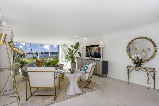 living room featuring a wall of windows and crown molding