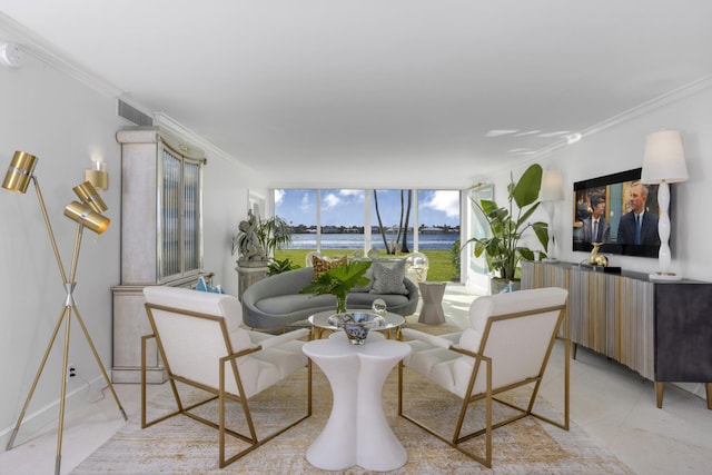 living room featuring a wall of windows, a water view, and ornamental molding