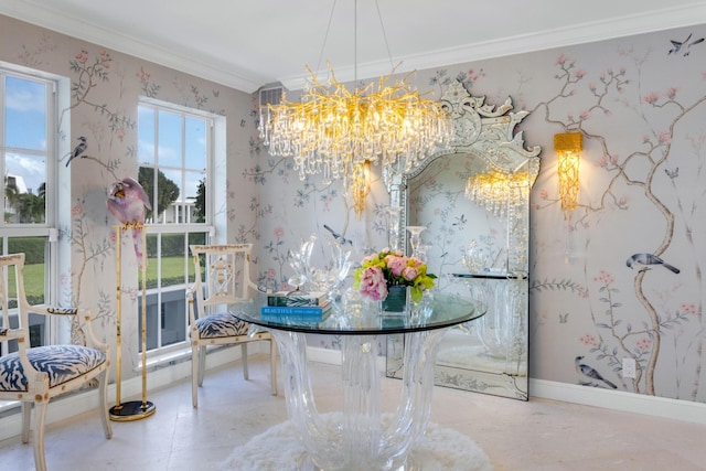 unfurnished dining area with crown molding and a notable chandelier