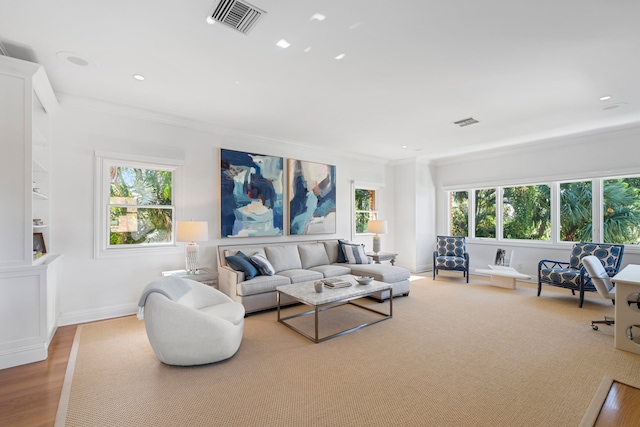 living room featuring light hardwood / wood-style floors and ornamental molding