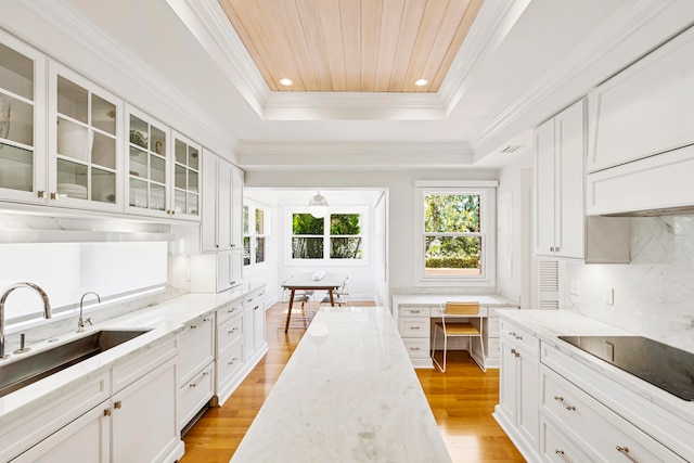 kitchen featuring light stone countertops, a raised ceiling, light wood-type flooring, and white cabinets