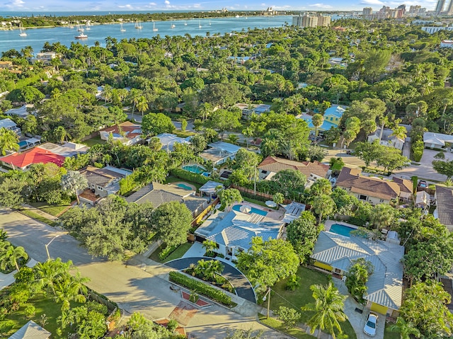 drone / aerial view featuring a water view