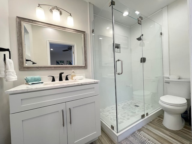 bathroom featuring toilet, vanity, and a shower with shower door