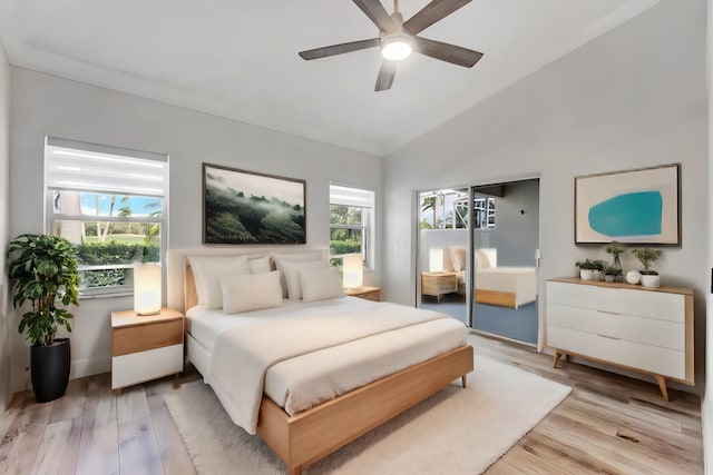 bedroom with multiple windows, light wood-type flooring, lofted ceiling, and ceiling fan