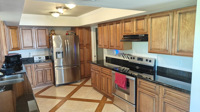 kitchen with sink, stainless steel appliances, dark stone countertops, a tray ceiling, and ornamental molding