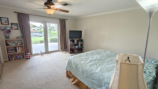 bedroom with access to outside, ceiling fan, crown molding, and light colored carpet