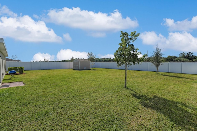 view of yard with a fenced backyard, an outdoor structure, and a storage shed