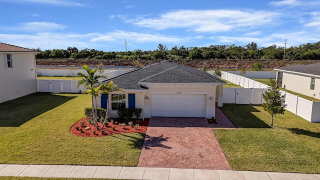 ranch-style house featuring a garage, a front lawn, decorative driveway, and fence