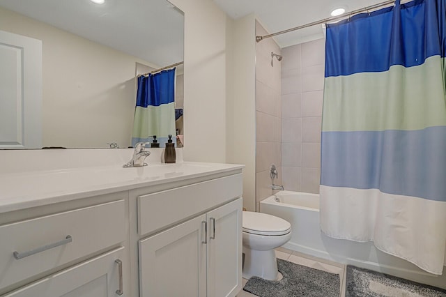 bathroom with toilet, tile patterned floors, shower / tub combo with curtain, and vanity