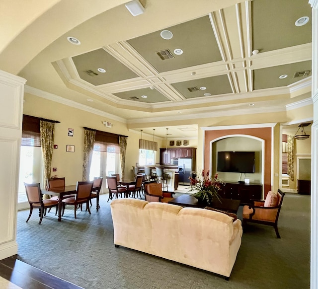 carpeted living room featuring beamed ceiling, ornamental molding, and coffered ceiling