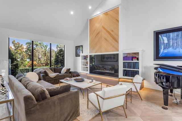 living room with a fireplace, light parquet floors, and high vaulted ceiling