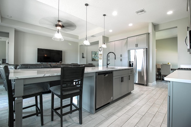 kitchen with gray cabinets, an island with sink, a raised ceiling, pendant lighting, and stainless steel appliances