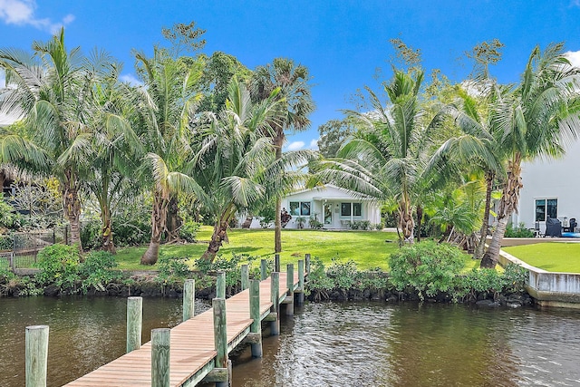 view of dock featuring a water view and a lawn