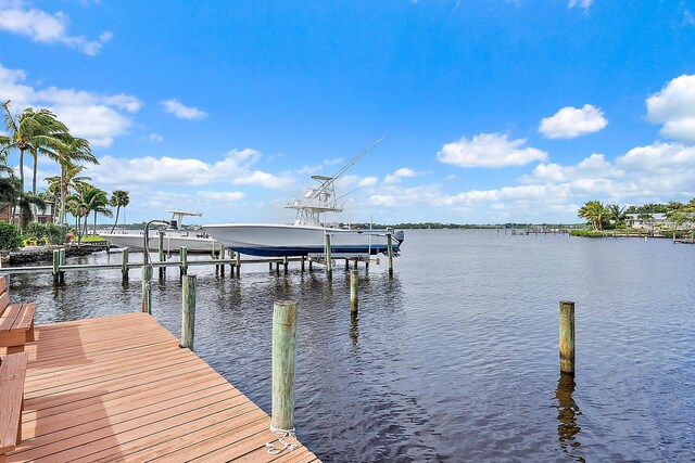 dock area featuring a water view and a lawn