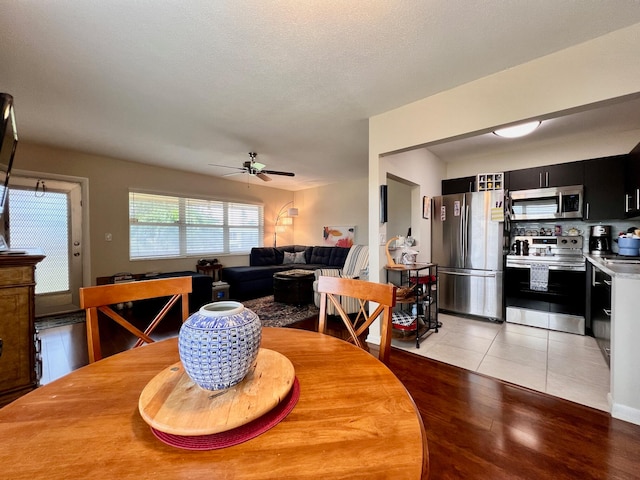 dining space with ceiling fan, sink, a textured ceiling, and light hardwood / wood-style flooring