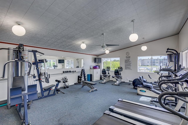 workout area featuring ceiling fan, vaulted ceiling, and ornamental molding