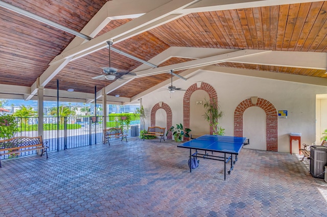 game room featuring lofted ceiling with beams, ceiling fan, and wooden ceiling