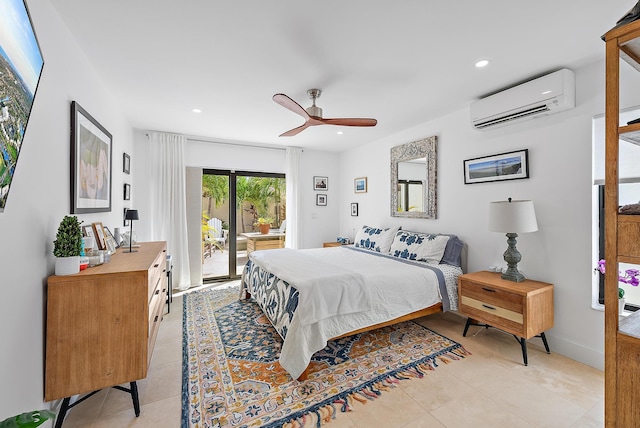 tiled bedroom featuring a wall mounted air conditioner, access to outside, and ceiling fan