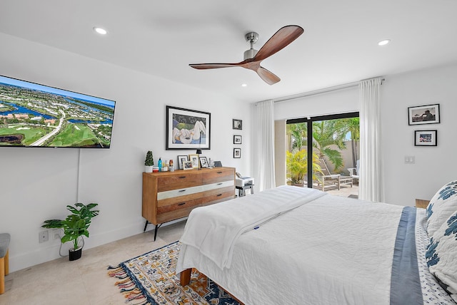 bedroom featuring access to outside, ceiling fan, and light tile patterned flooring