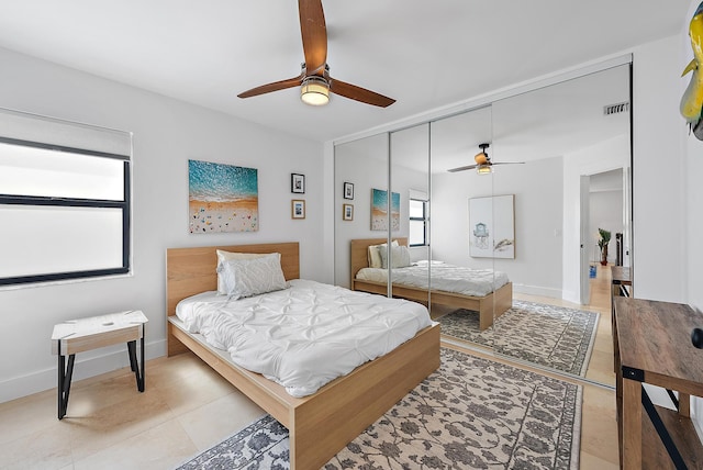 1484 Via Del Sol, Jupiter, FL 33477 - bedroom featuring multiple windows, a closet, light tile patterned floors, and ceiling fan