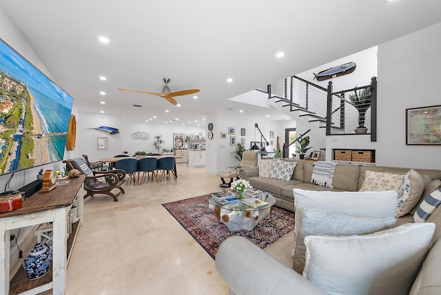 1484 Via Del Sol, Jupiter, FL 33477 - living area with recessed lighting, stairway, ceiling fan, and light tile patterned floors