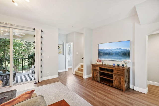 living room featuring ceiling fan and wood-type flooring