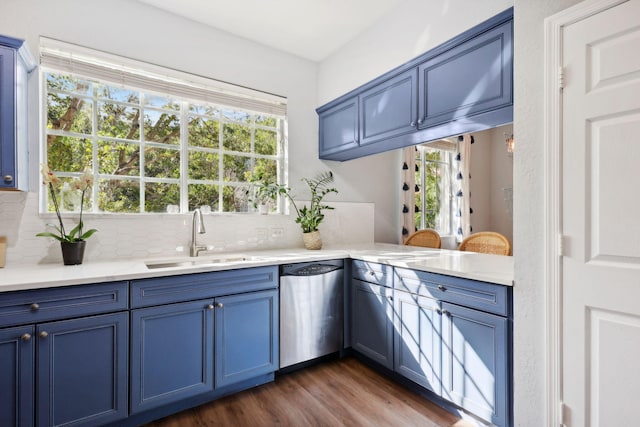 kitchen featuring dishwasher, blue cabinetry, and a healthy amount of sunlight