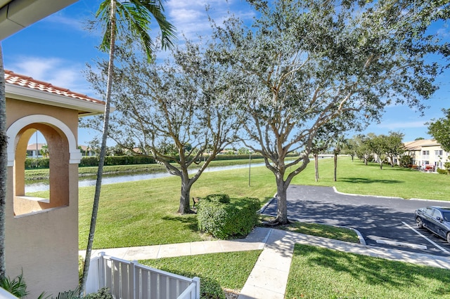 view of yard with a water view