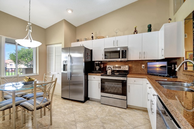 kitchen featuring stainless steel appliances, sink, backsplash, white cabinets, and pendant lighting