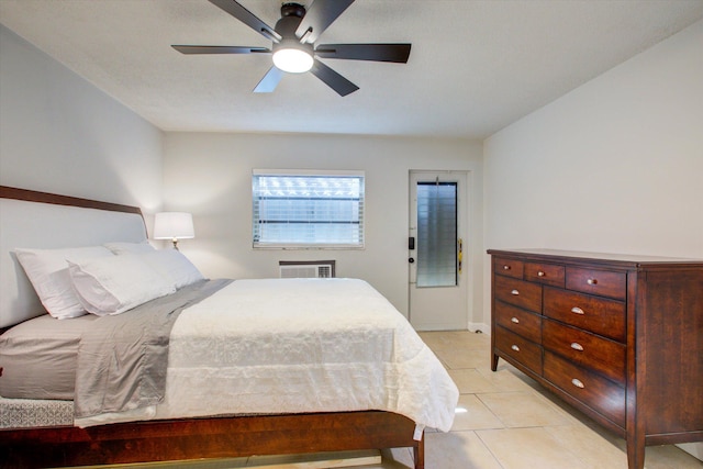 bedroom with light tile patterned floors and ceiling fan