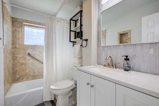 full bathroom with decorative backsplash, vanity, shower / tub combo, and toilet