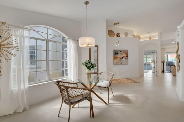 dining space featuring lofted ceiling