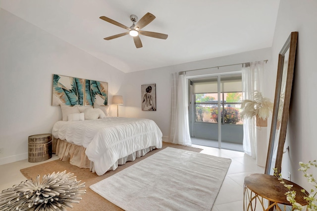 tiled bedroom with ceiling fan, access to exterior, and lofted ceiling