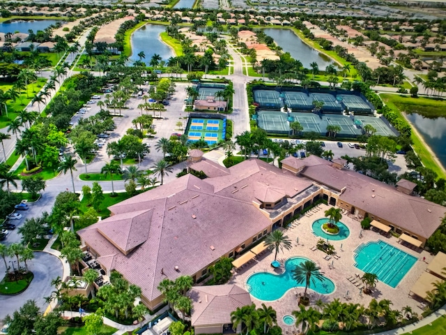 drone / aerial view featuring a water view