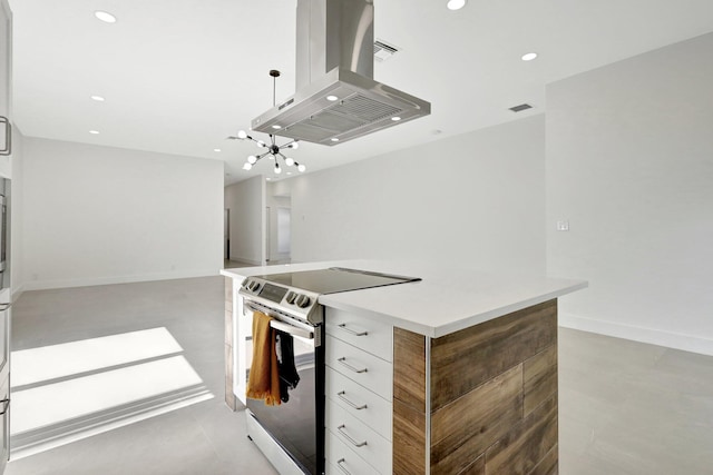 kitchen with a center island, island range hood, white cabinets, hanging light fixtures, and stainless steel electric stove