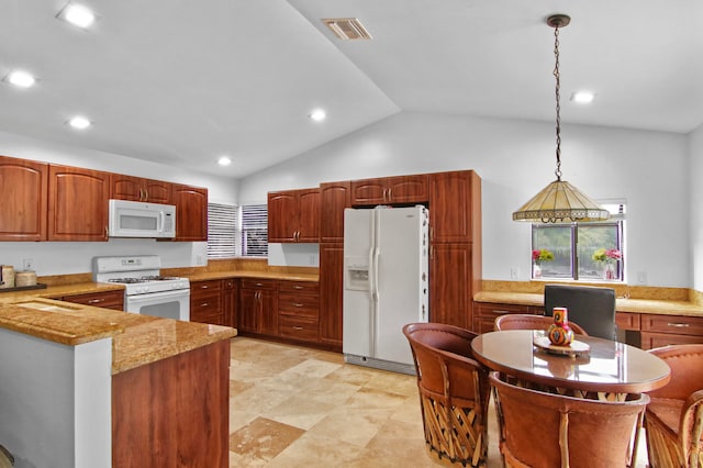 kitchen featuring light stone countertops, kitchen peninsula, pendant lighting, lofted ceiling, and white appliances