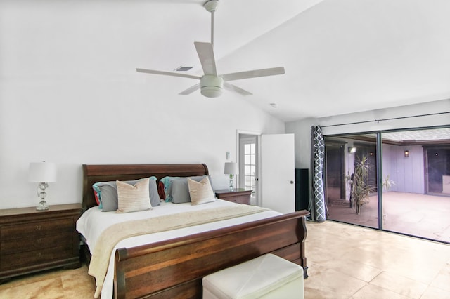 bedroom with access to exterior, ceiling fan, and lofted ceiling